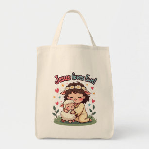 Kawaii Christian "Jesus Loves Ewe" Pastel Design Tote Bag