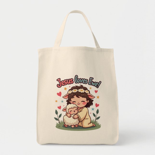 Kawaii Christian "Jesus Loves Ewe" Pastel Design Tote Bag (Front)