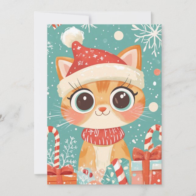 Kawaii Christmas Cat  Candy Cane Gifts Custom Text Holiday Card (Front)