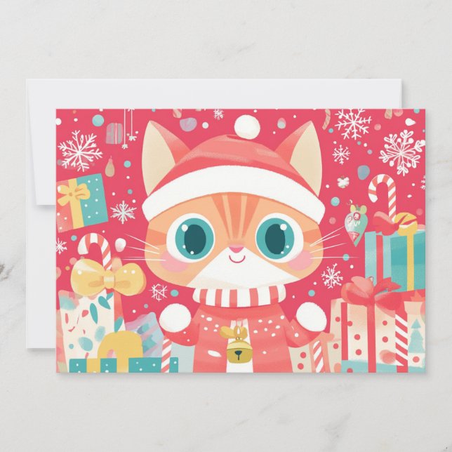 Kawaii Christmas Cat Festive Gifts Snowflakes Holiday Card (Front)