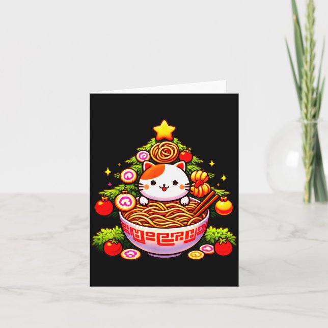 Kawaii Christmas Cat Ramen Christmas Tree Holiday  Card (Front)