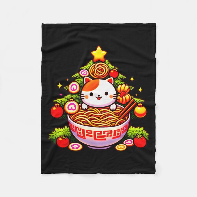 Kawaii Christmas Cat Ramen Christmas Tree Holiday  Fleece Blanket (Front)