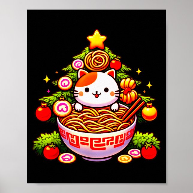 Kawaii Christmas Cat Ramen Christmas Tree Holiday  Poster (Front)