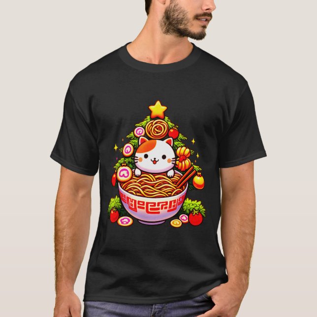 Kawaii Christmas Cat Ramen Christmas Tree Holiday  T-Shirt (Front)