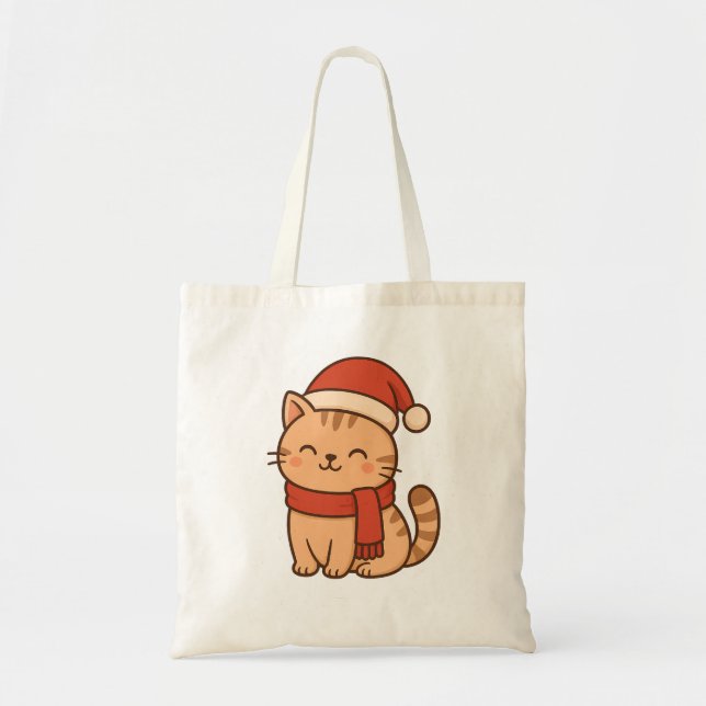Kawaii Christmas Cat with Scarf Tote Bag (Front)