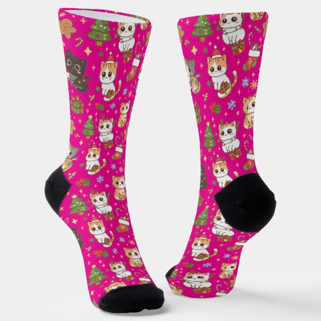 Kawaii Christmas Cats Holiday Pattern Crew Socks (Angled)