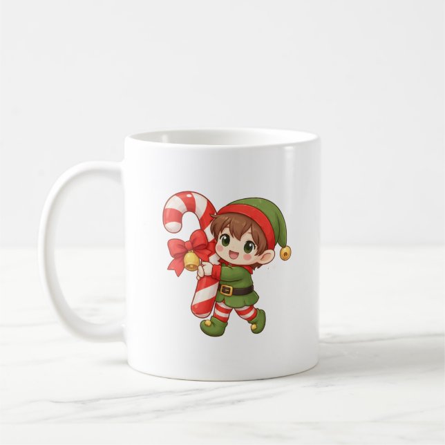 Kawaii Christmas Elf Mug with Candy Cane (Left)