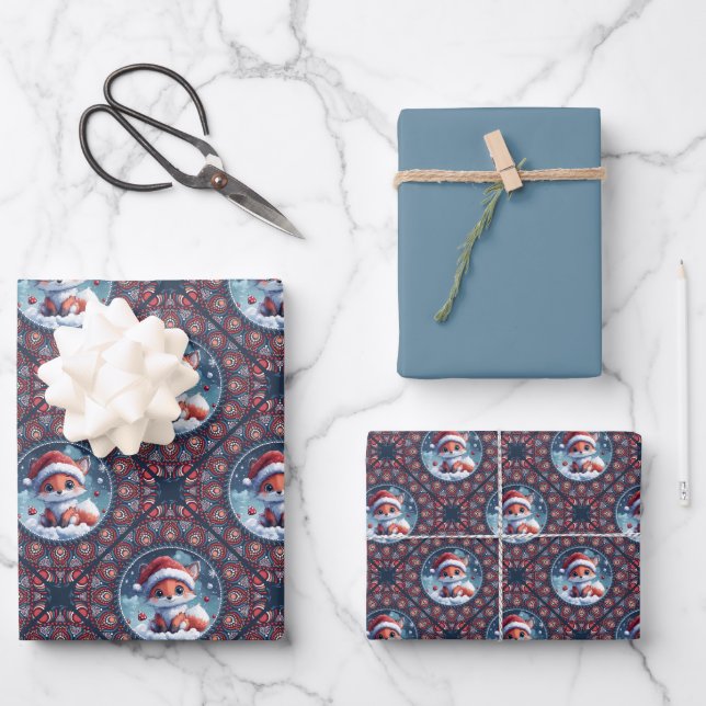 Kawaii Christmas Fox Dot Mandala Diamond Tile Wrapping Paper Sheet (Front)