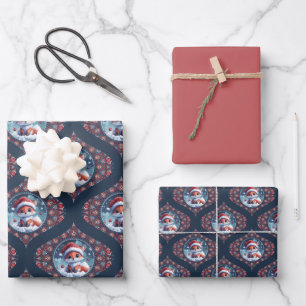 Kawaii Christmas Fox Dot Mandala Ogee Damask Wrapping Paper Sheet