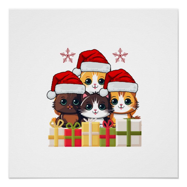 Kawaii Christmas kitten in Santa Hats T-Shirt Poster (Front)