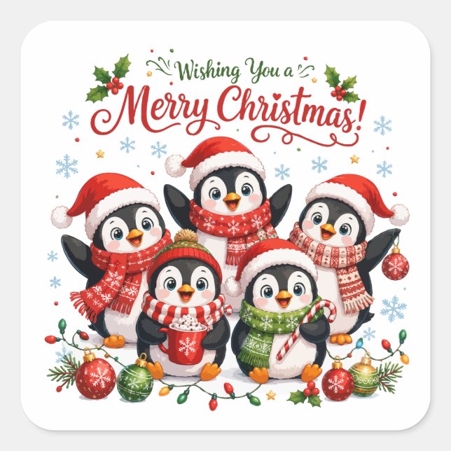Kawaii Christmas Penguins Square Sticker (Front)