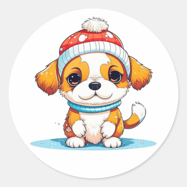 Kawaii Christmas Puppy Dog  Classic Round Sticker (Front)