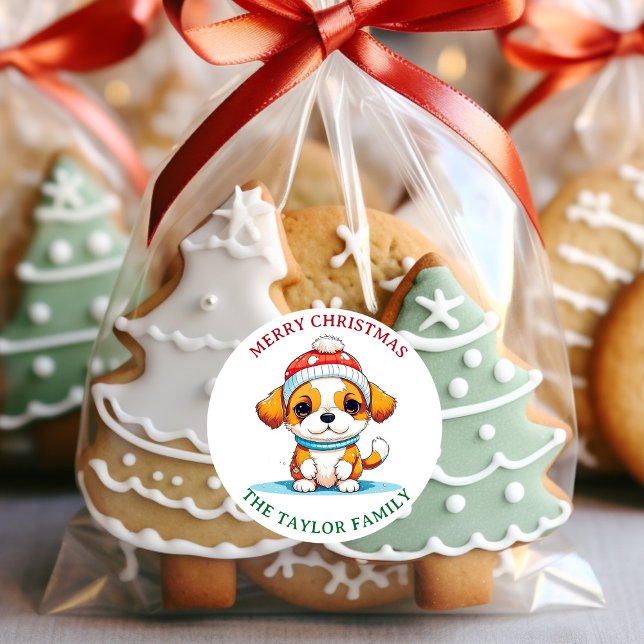 Kawaii Christmas Puppy Dog Family Name Classic Round Sticker (Creator Uploaded)