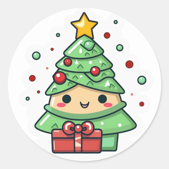 Kawaii Christmas tree Classic Round Sticker (Front)