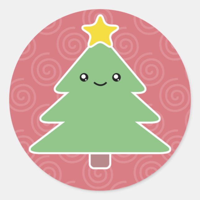 Kawaii Christmas Tree Holiday Classic Round Sticker (Front)