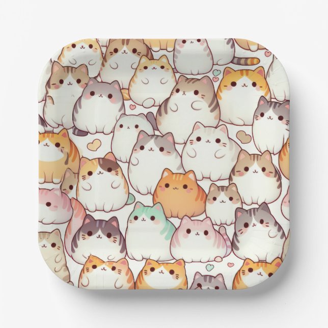 Kawaii Chubby Cartoon Cats With Hearts Paper Plate (Front)