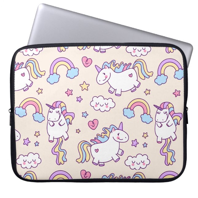 Kawaii chubby flying unicorns rainbow pattern laptop sleeve (Front)