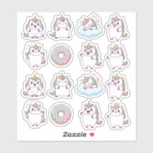 Kawaii Chubby Unicorn & Doughnut Sticker Sheet – C