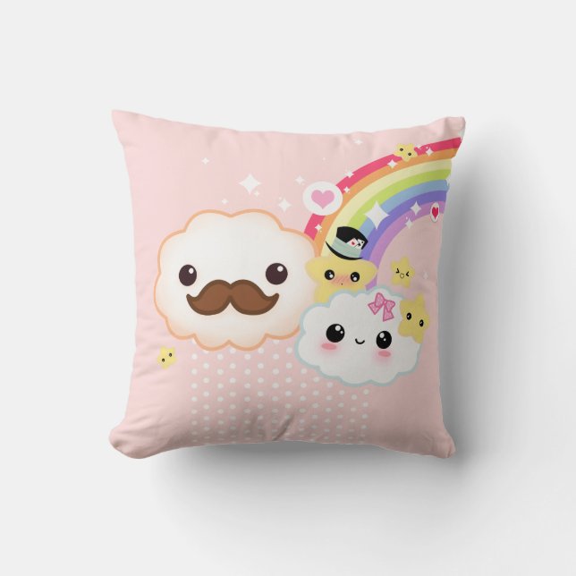 Kawaii cloud couple with rainbow and stars cushion (Front)