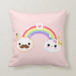 Kawaii cloud couple with rainbow and stars cushion