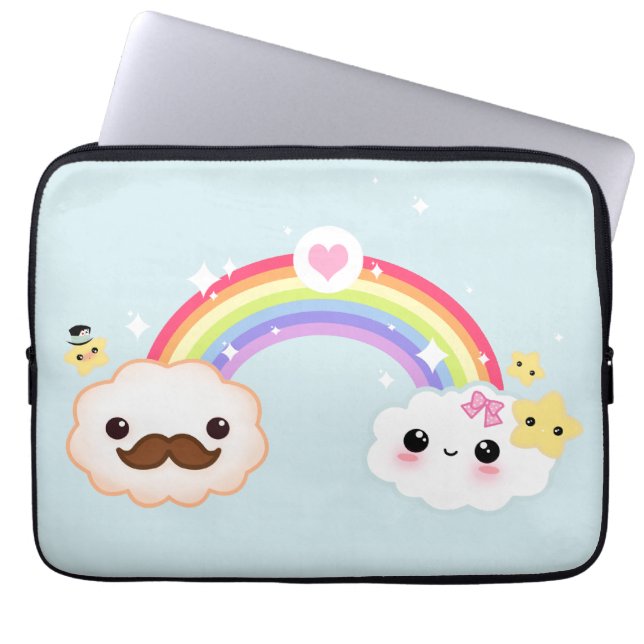 Kawaii cloud couple with rainbow and stars laptop sleeve (Front)