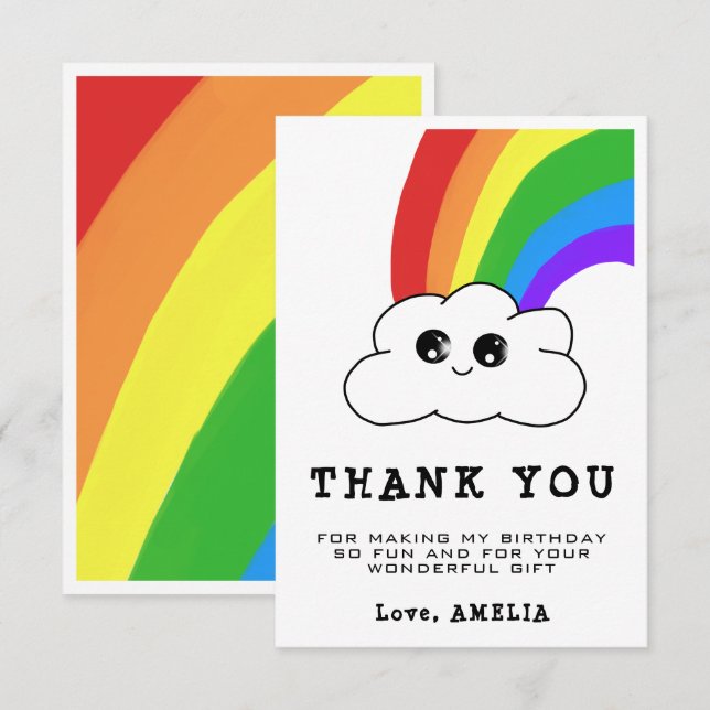 Kawaii Cloud Rainbow Girly Kids Birthday  Thank You Card (Front/Back)