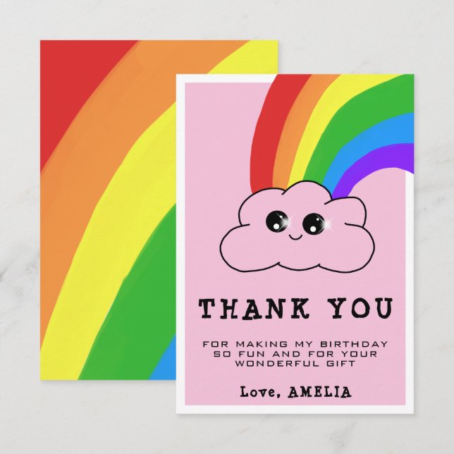 Kawaii Cloud Rainbow Girly Pink Kids Birthday Thank You Card (Front/Back)