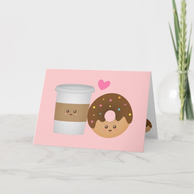Kawaii Coffee and Doughnut in love, Perfect Pair Card (Front)