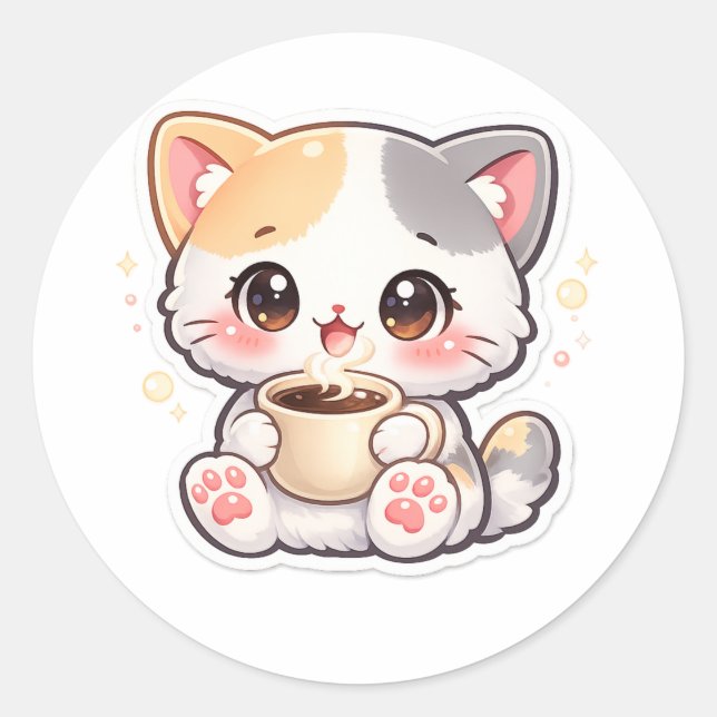 Kawaii Coffee Cat Round Stickers – Cute Kitten Pla (Front)