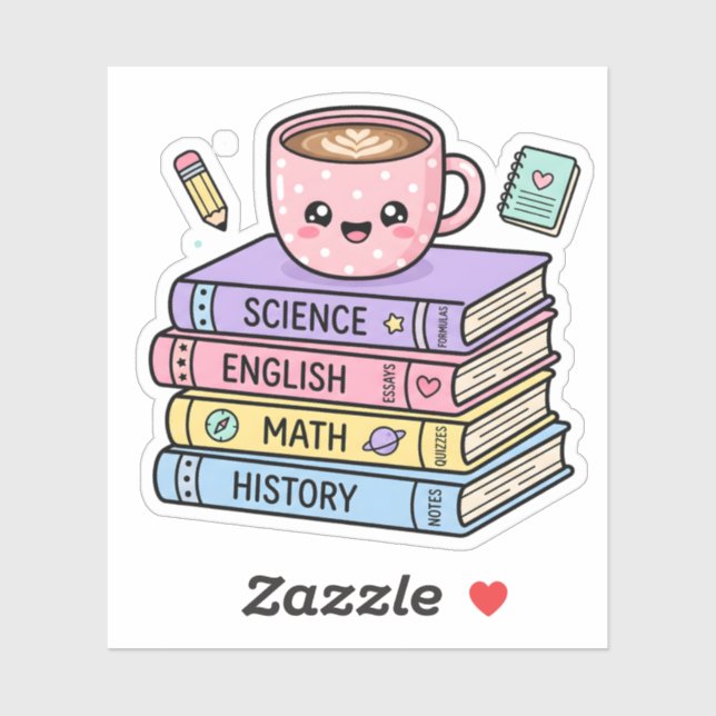 Kawaii Coffee Cup and Study Books Sticker (Sheet)