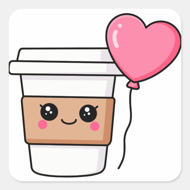 Kawaii coffee cup with heart square sticker (Front)