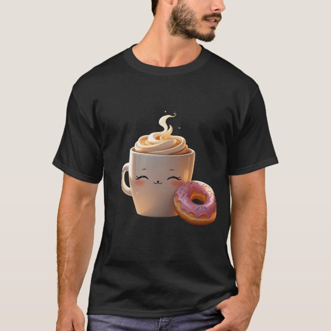 Kawaii Coffee & Doughnut T-shirt – Cute Sleepy Cup (Front)