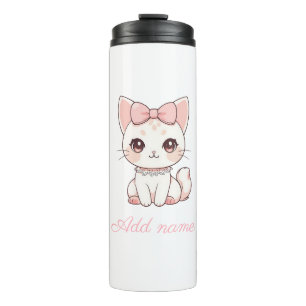 Kawaii Coquette Cat with Pink Bow Cute Feminine Thermal Tumbler