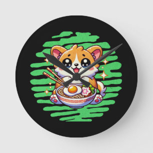 Kawaii Corgi eating bowl of Ramen Round Clock