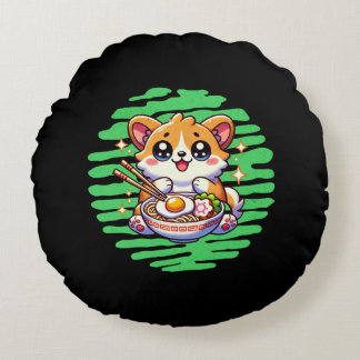 Kawaii Corgi eating bowl of Ramen Round Cushion