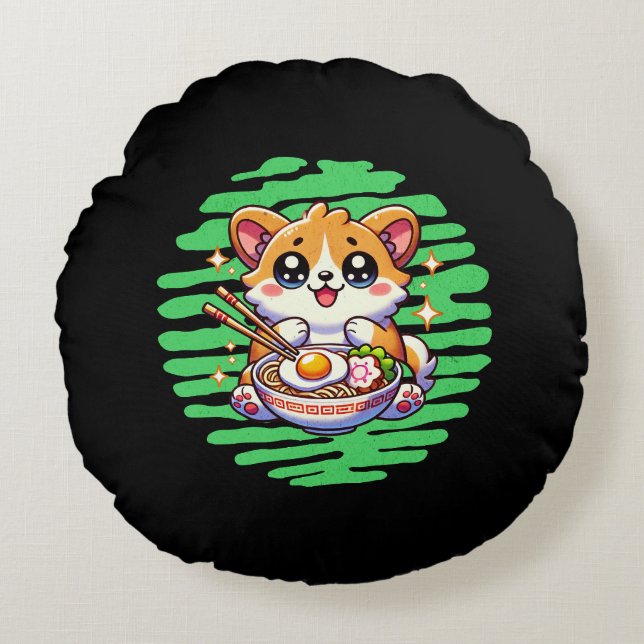 Kawaii Corgi eating bowl of Ramen Round Cushion (Front)