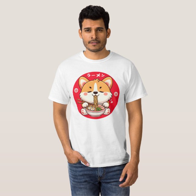 Kawaii Corgi Eating Ramen T-Shirt (Front Full)