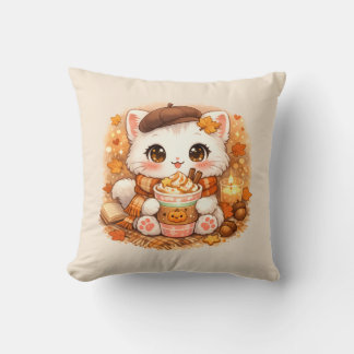 Kawaii Cosy Autumn Latte Kitty – Cute Fall Cat Cushion
