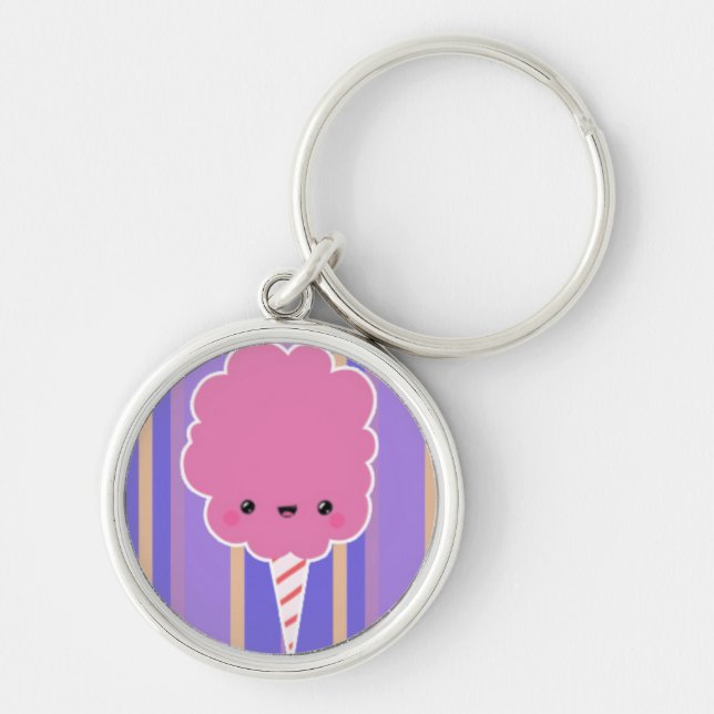 Kawaii Cotton Candy on Purple Stripes Key Ring (Front)