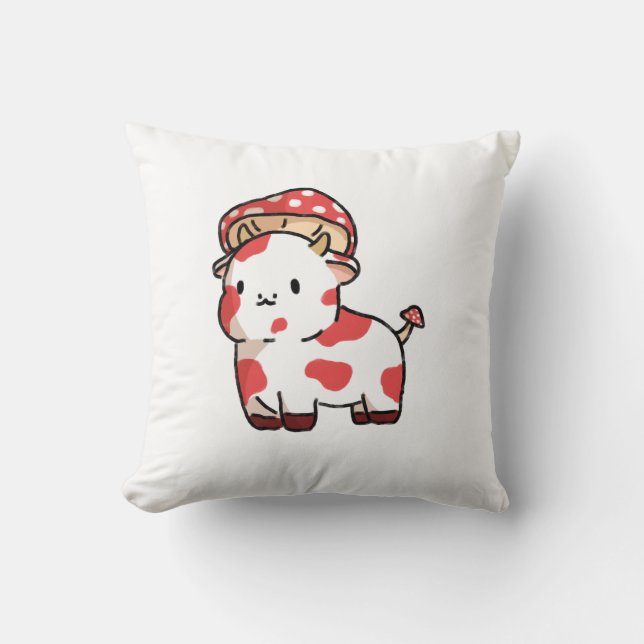 Kawaii Cow Throw Pillow, Cute Mushroom Cow Cushion (Front)