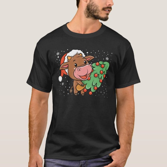 Kawaii Cow With Christmas Tree Xmas Farmers Pajama T-Shirt (Front)