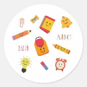 Kawaii Crayon pencil and school tools  Classic Round Sticker