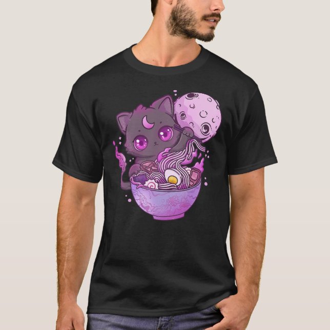 Kawaii Creepy Cat Eating Ramen Noodles Pastel Goth T-Shirt (Front)