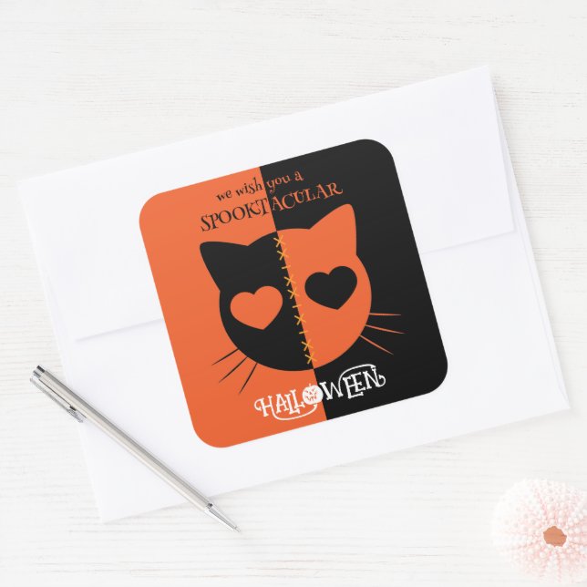 Kawaii Creepy Cute Cat Spooktacular Halloween Square Sticker (Envelope)