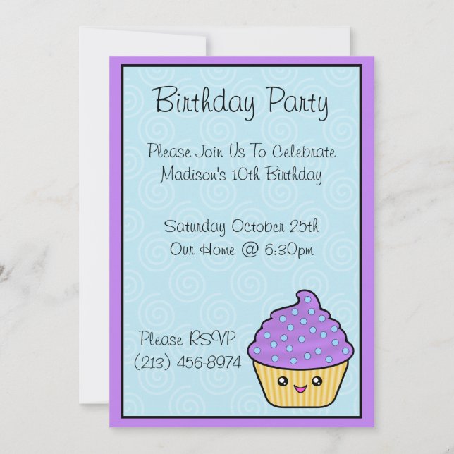 Kawaii Cupcake Birthday Party Invitations (Front)