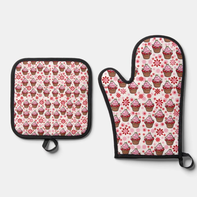 Kawaii Cupcake Design – Cute Dessert Illustration  Oven Mitt & Pot Holder Set (Front)