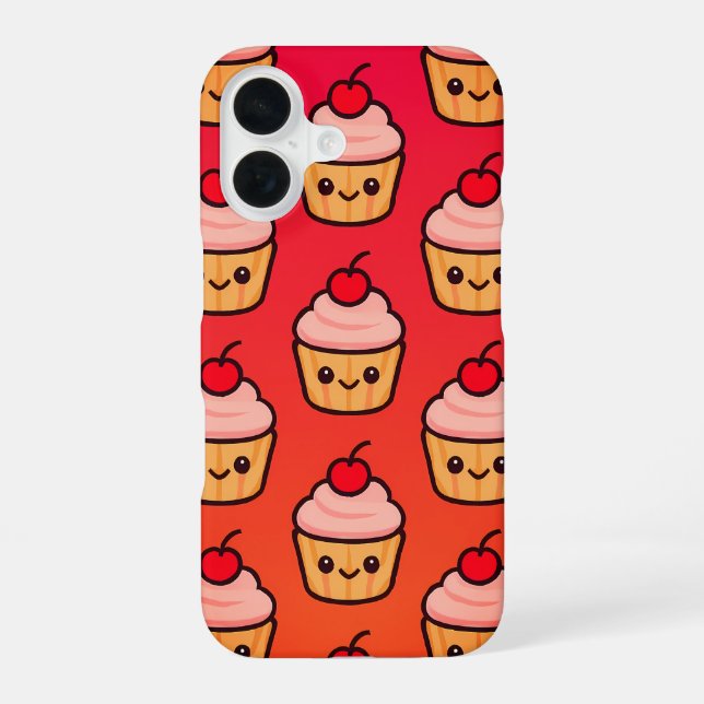 Kawaii Cupcake Grid with Smiling Faces and Cherry  iPhone 16 Case (Back)