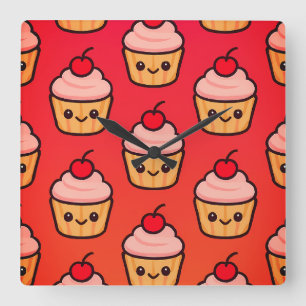 Kawaii Cupcake Grid with Smiling Faces and Cherry Square Wall Clock