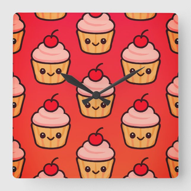 Kawaii Cupcake Grid with Smiling Faces and Cherry  Square Wall Clock (Front)