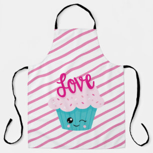 Kawaii Cupcake Love Pink Teal Stripe Cute Girly Apron